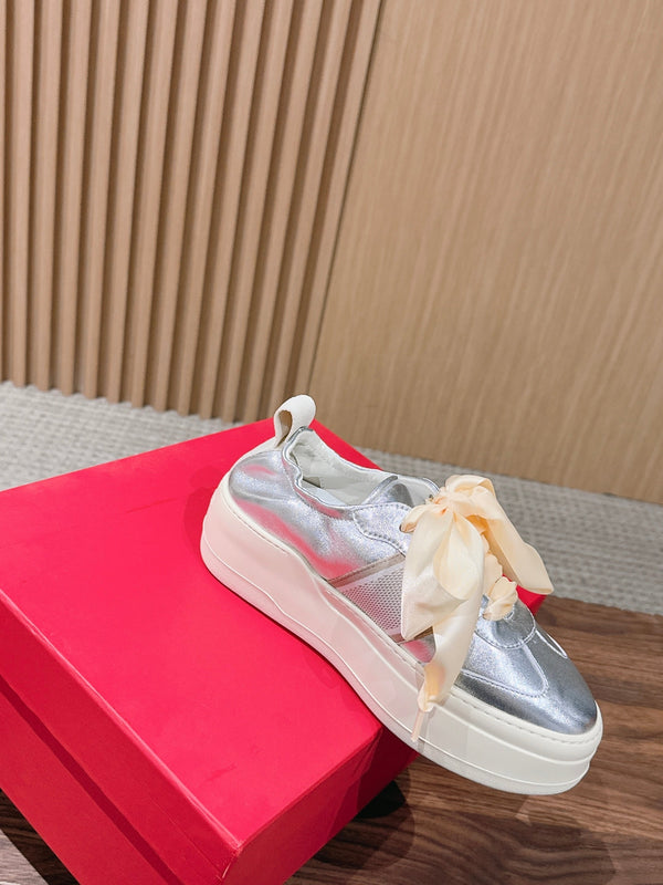 Ferragamo Bow Platform Sneaker Sliver Satin Sheepskin