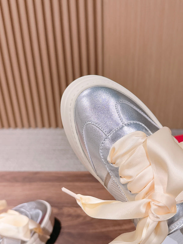 Ferragamo Bow Platform Sneaker Sliver Satin Sheepskin