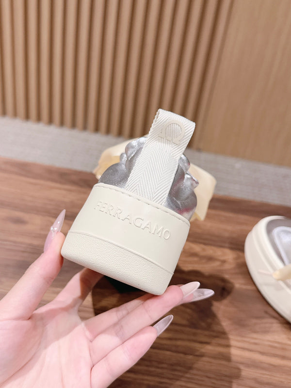 Ferragamo Bow Platform Sneaker Sliver Satin Sheepskin