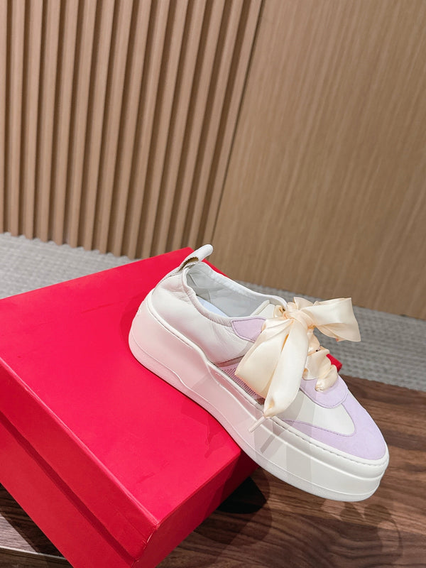 Ferragamo Bow Platform Sneaker Pink Ivory Satin Sheepskin