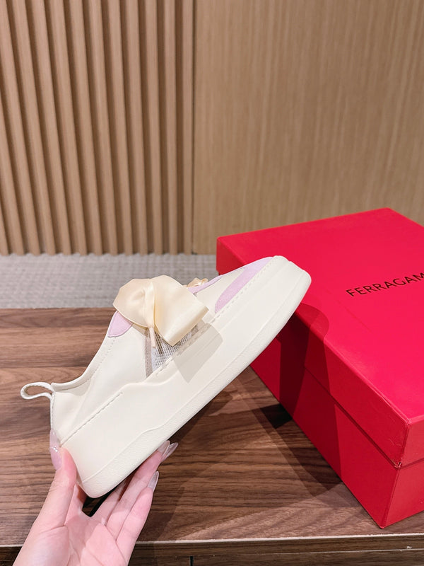 Ferragamo Bow Platform Sneaker Pink Ivory Satin Sheepskin