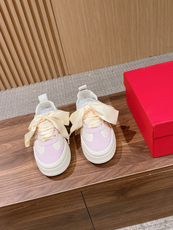 Ferragamo Bow Platform Sneaker Pink Ivory Satin Sheepskin
