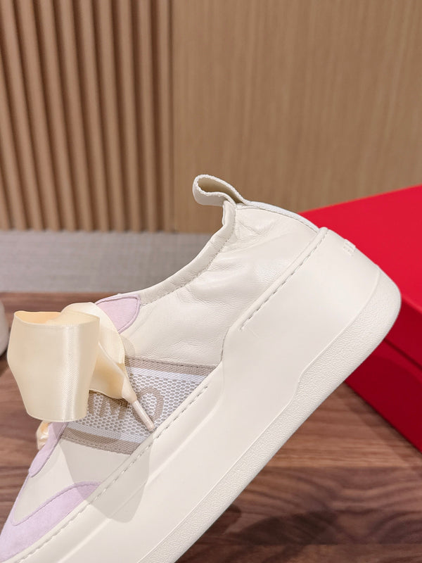 Ferragamo Bow Platform Sneaker Pink Ivory Satin Sheepskin