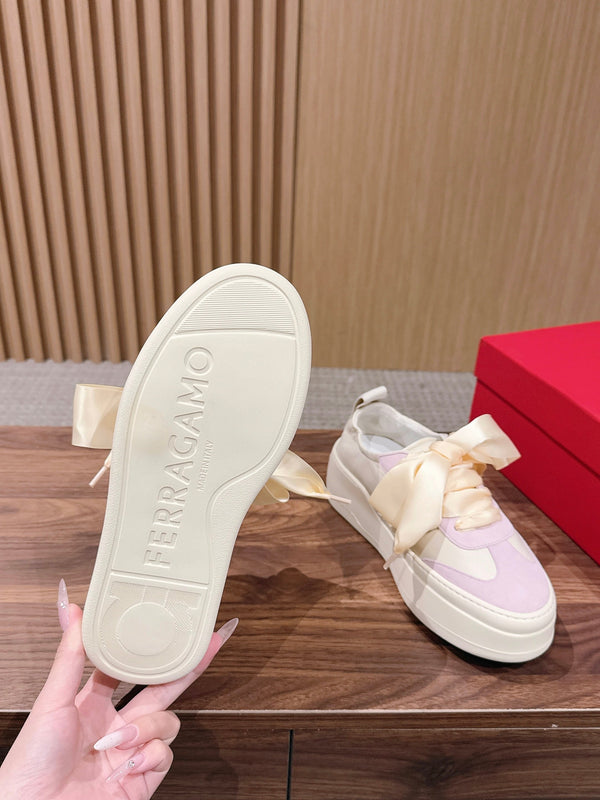Ferragamo Bow Platform Sneaker Pink Ivory Satin Sheepskin