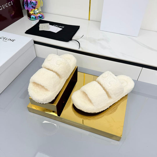 CL 25s Triomphe Slides 50mm White Wool & Rubber 434464