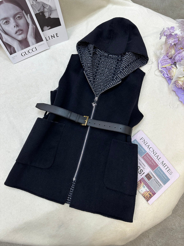 Prada 25 Hooded Vest Black Wool 637339