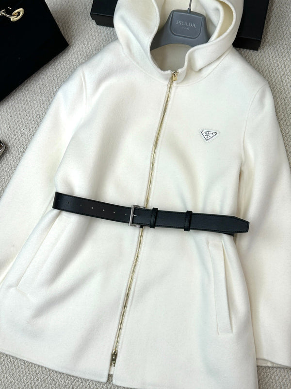Prada 25 Mid-length Hooded Coat White Black Wool 637352