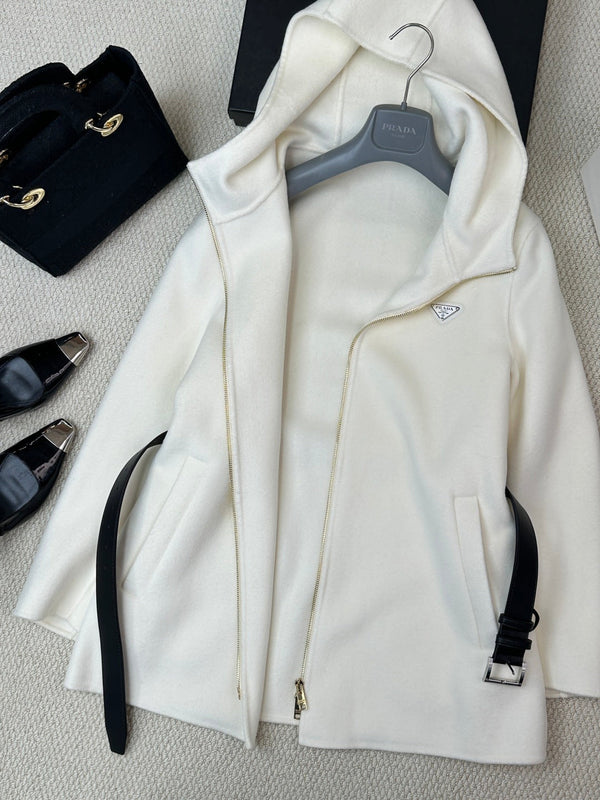 Prada 25 Mid-length Hooded Coat White Black Wool 637352