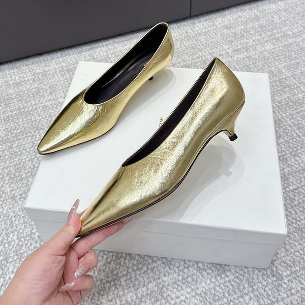 The Row 25ss TR Kitten heel Pointed Toe Shoes 35mm Gold Metallic Sheepskin 451306