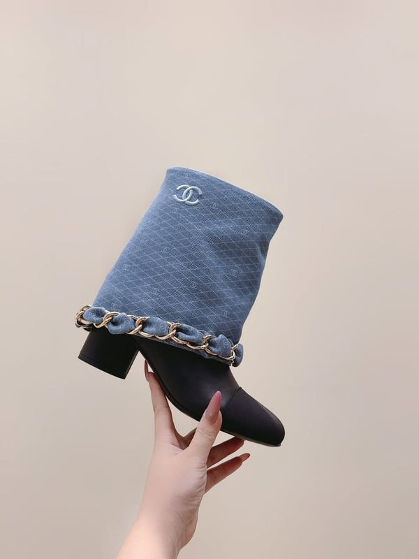 CC 25 Short Boot Blue Black Denim Fabric Calfskin 515265