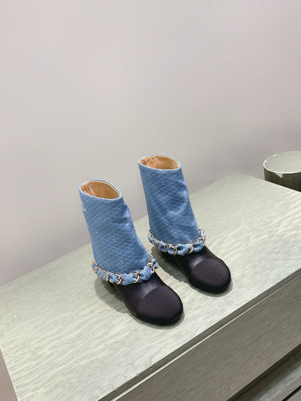 CC 25 Short Boot Blue Black Denim Fabric Calfskin 515265