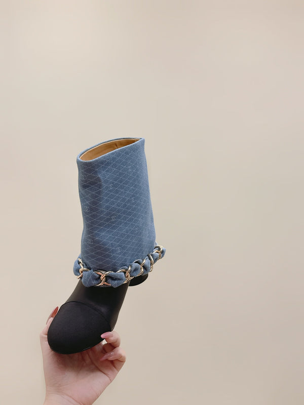 CC 25 Short Boot Blue Black Denim Fabric Calfskin 515265