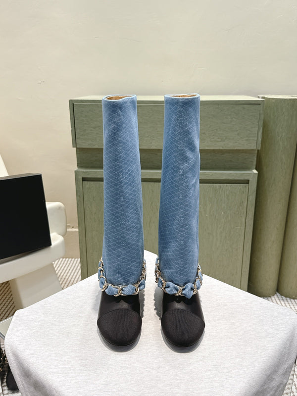 CC 25 Long Boot Blue Black Denim Fabric Calfskin 515271