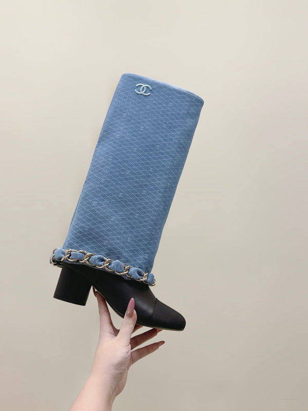 CC 25 Long Boot Blue Black Denim Fabric Calfskin 515271