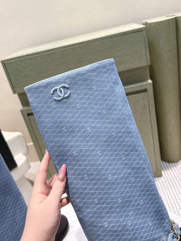 CC 25 Long Boot Blue Black Denim Fabric Calfskin 515271