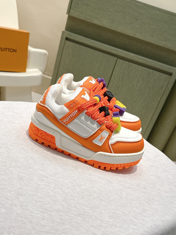 LV Trainer Maxi Sneakers White and Orange Calfskin Mesh 515201