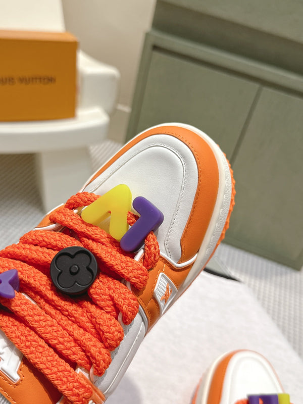 LV Trainer Maxi Sneakers White and Orange Calfskin Mesh 515201