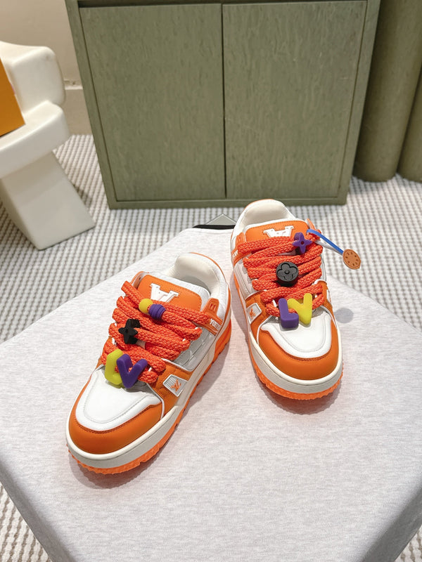 LV Trainer Maxi Sneakers White and Orange Calfskin Mesh 515201