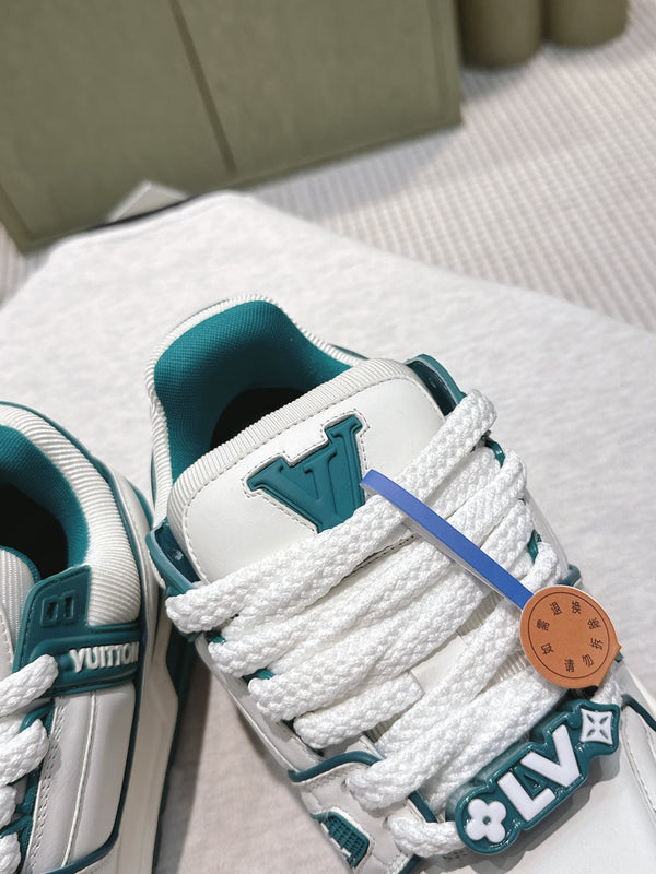 LV Trainer Maxi Sneakers White and Teal Calfskin Mesh 515199