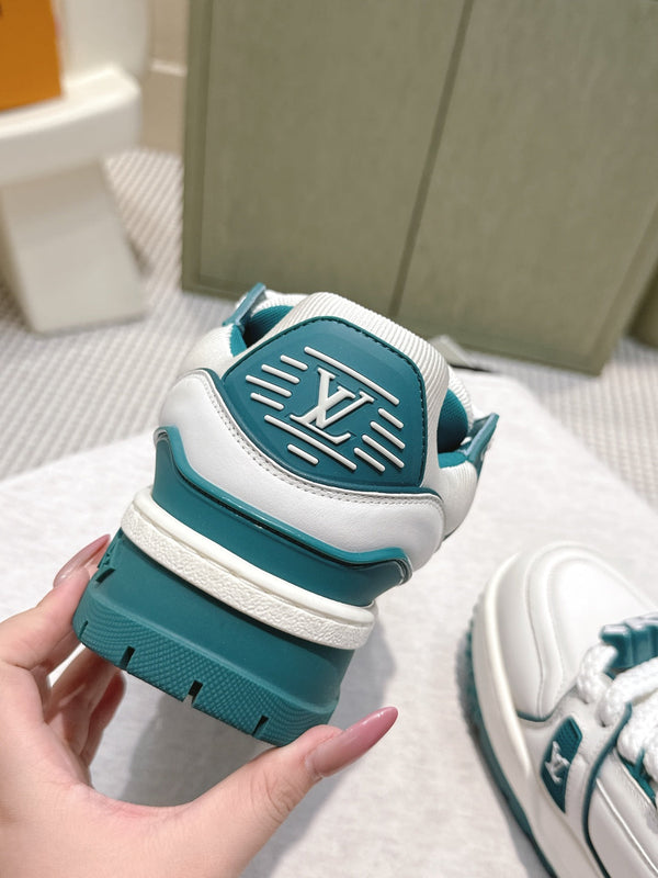 LV Trainer Maxi Sneakers White and Teal Calfskin Mesh 515199