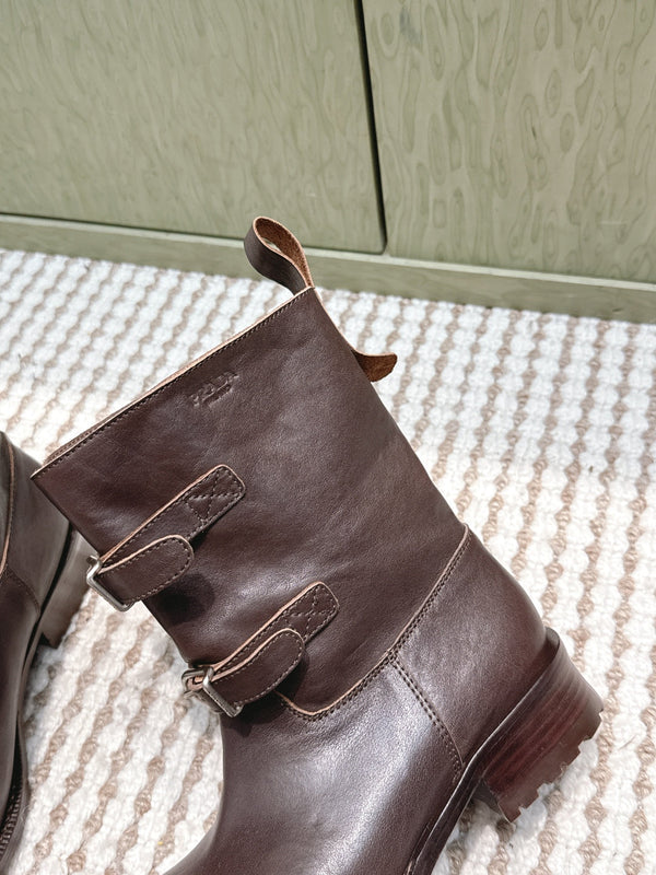 Pra 2025 Boot With Two Silver Buckle Dark Brown Calfskin 556291