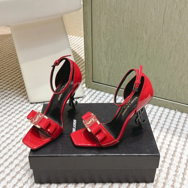 YSL 26ss High-Heeled Sandals 85 Red Black Patent Leather 654677