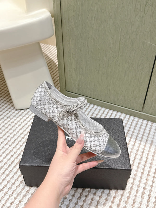 CC 25s AW Ballerine à Paillettes Argentées Tressées 612350
