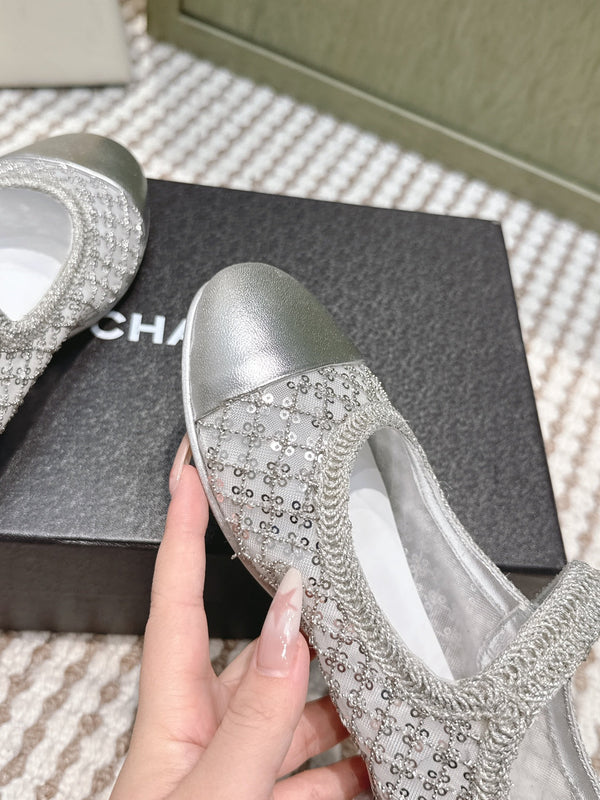 CC 25s AW Ballerine à Paillettes Argentées Tressées 612350