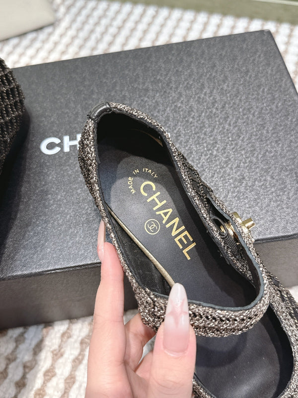CC 25s AW Ballerine Noire Pailletée Tissée 612351