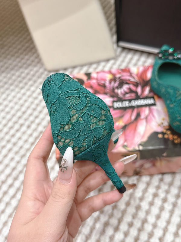 DG Pumps Crystals 6.5cm Teal Green Taormina Lace 663078