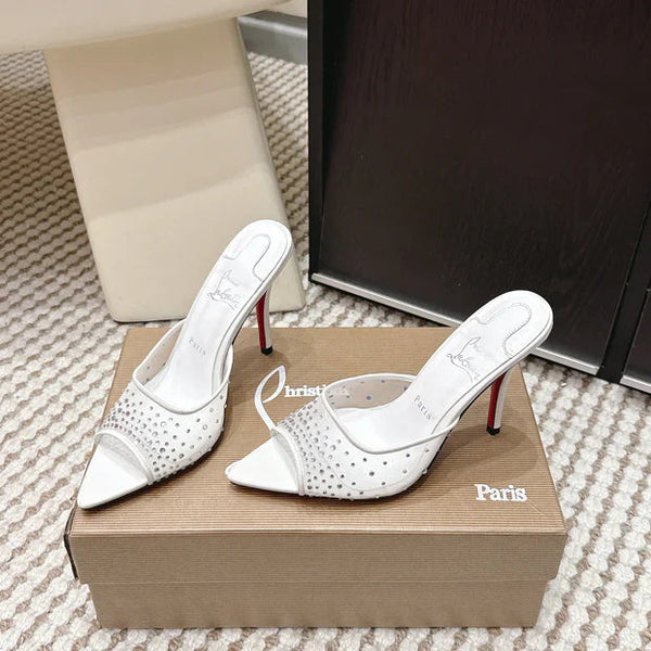 CL 26SS Mules à talons hauts 100 Blanc Mesh Strass Cuir 658052
