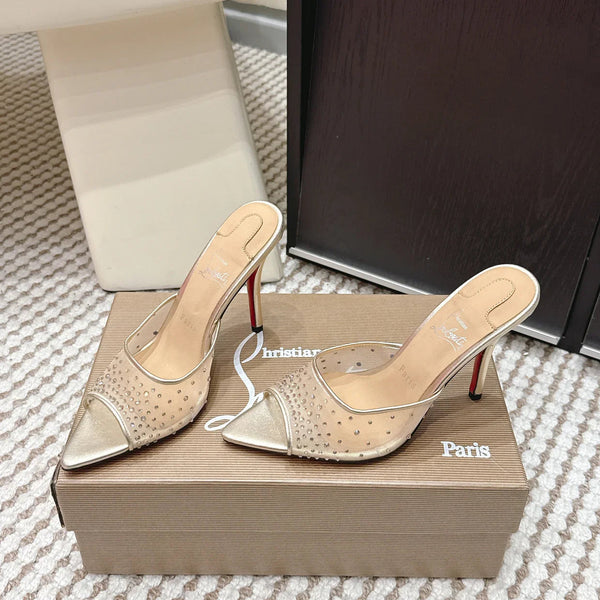 CL 26SS Mules à talons hauts 100 Cuir et résille champagne doré Strass 658053