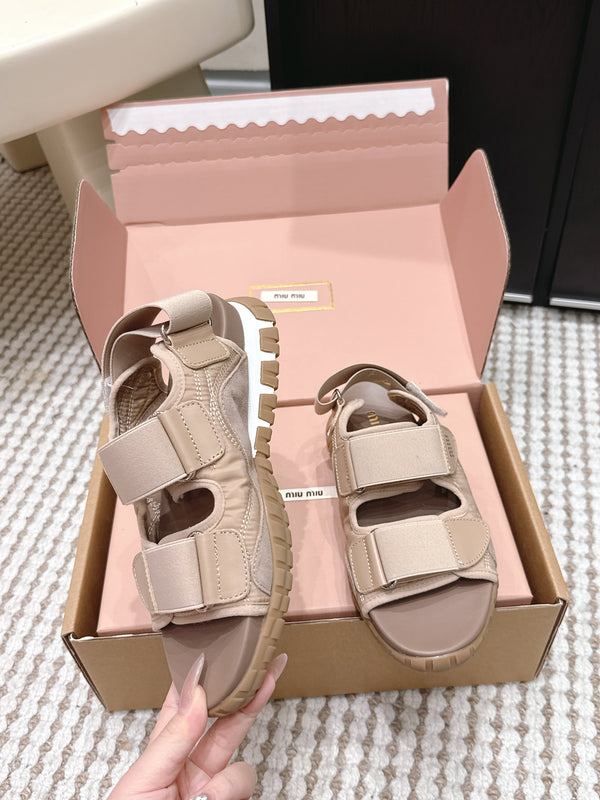 Miu 26s Velcro Sandals Light Brown Nylon Suede 632331
