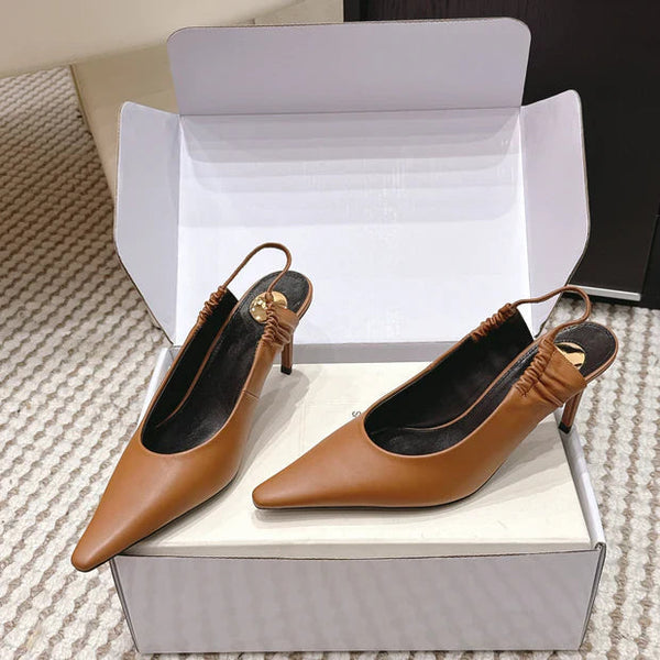 YSL 26ss Slingback 75 Camel Brown Sheepskin 654718