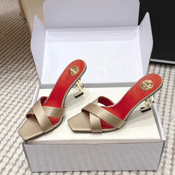 Mules à talons hauts YSL 26ss 85 or champagne cuir satin rouge 660674