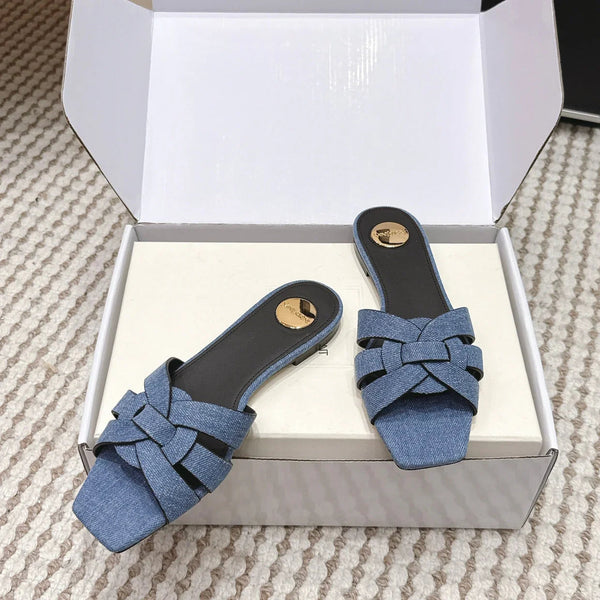 YSL 26ss Flat Slippers Blue Denim Leather 654727