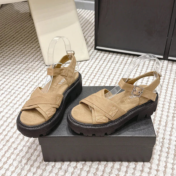 Sandales compensées PRA 2026S en toile beige et noire 657526