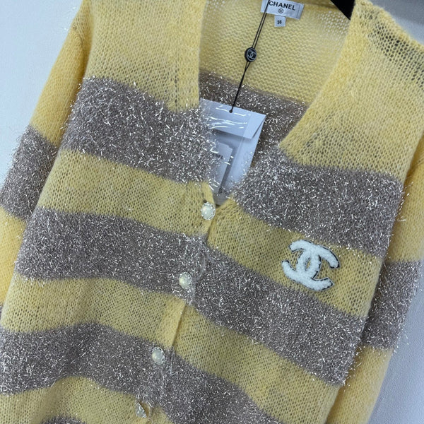 CC 26C Gilet Tricot Manches Longues Rayures Jaunes Grises Laine Acrylique Nylon 349044