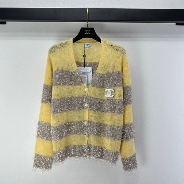 CC 26C Gilet Tricot Manches Longues Rayures Jaunes Grises Laine Acrylique Nylon 349044