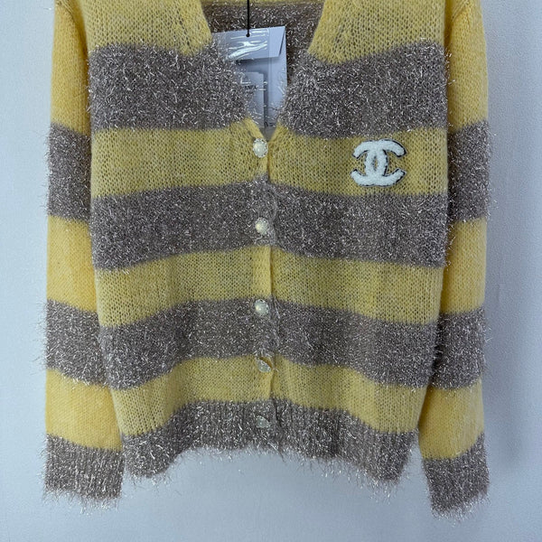CC 26C Gilet Tricot Manches Longues Rayures Jaunes Grises Laine Acrylique Nylon 349044