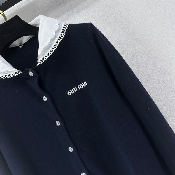 Miumiu 2026 Knit Long-Sleeve Cardigan Navy Blue Wool 349067