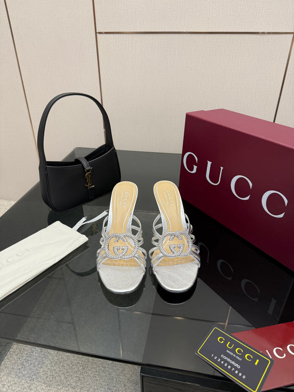 Women's Slide 85mm With Crystal Interlocking G Sliver Leather