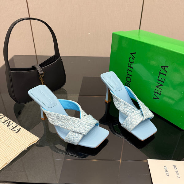 BV 26s Heeled Sandals 9.5cm Light Blue Calfskin Raffia