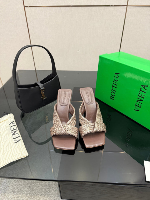 BV 26s Heeled Sandals 9.5cm Dark Brown Calfskin Raffia
