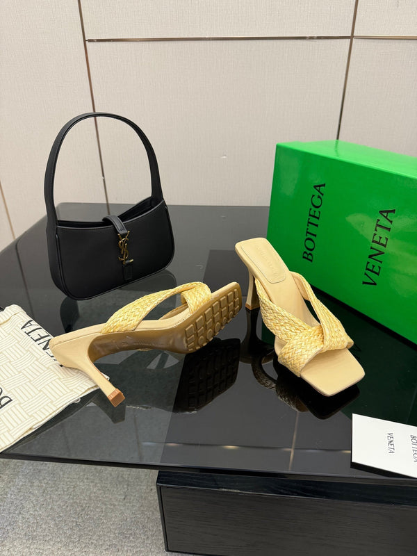 BV 26s Heeled Sandals 9.5cm Light Yellow Calfskin Raffia