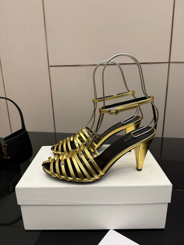 CL Cage Heeled Sandal 9cm Gold Calfskin 725649
