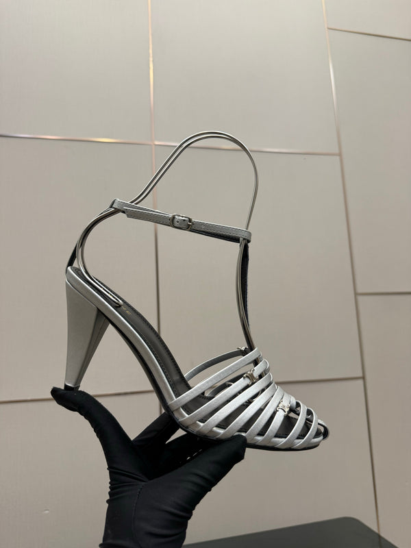 CL Cage Heeled Sandal 9cm Sliver Calfskin 725651