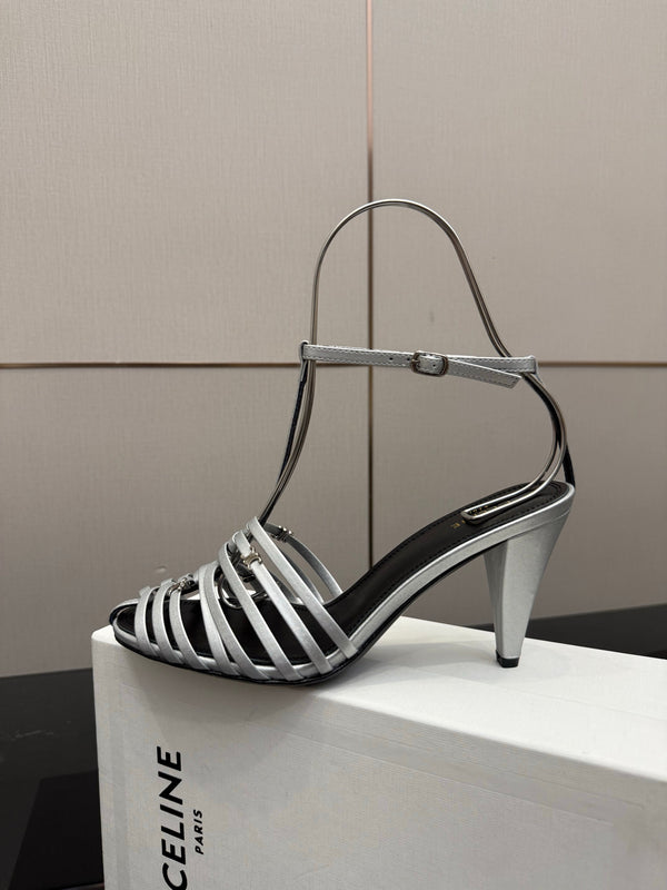 CL Cage Heeled Sandal 9cm Sliver Calfskin 725651