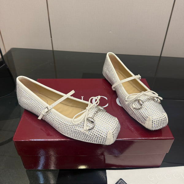 GG Ballerina Flats Square Toe White Leather 725283