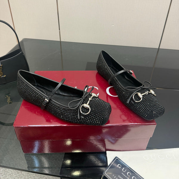 GG Ballerina Flats Square Toe Black Leather 725284